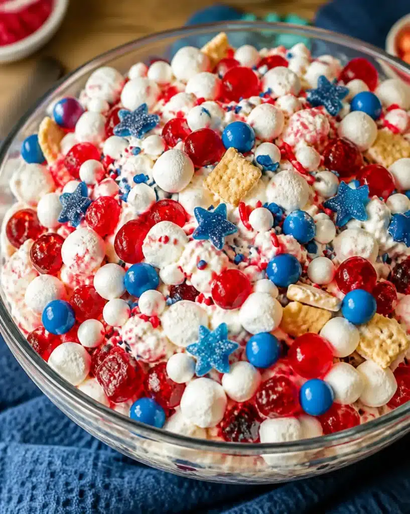 Colorful Fourth of July Candy Salad featuring assorted candies and fruits.