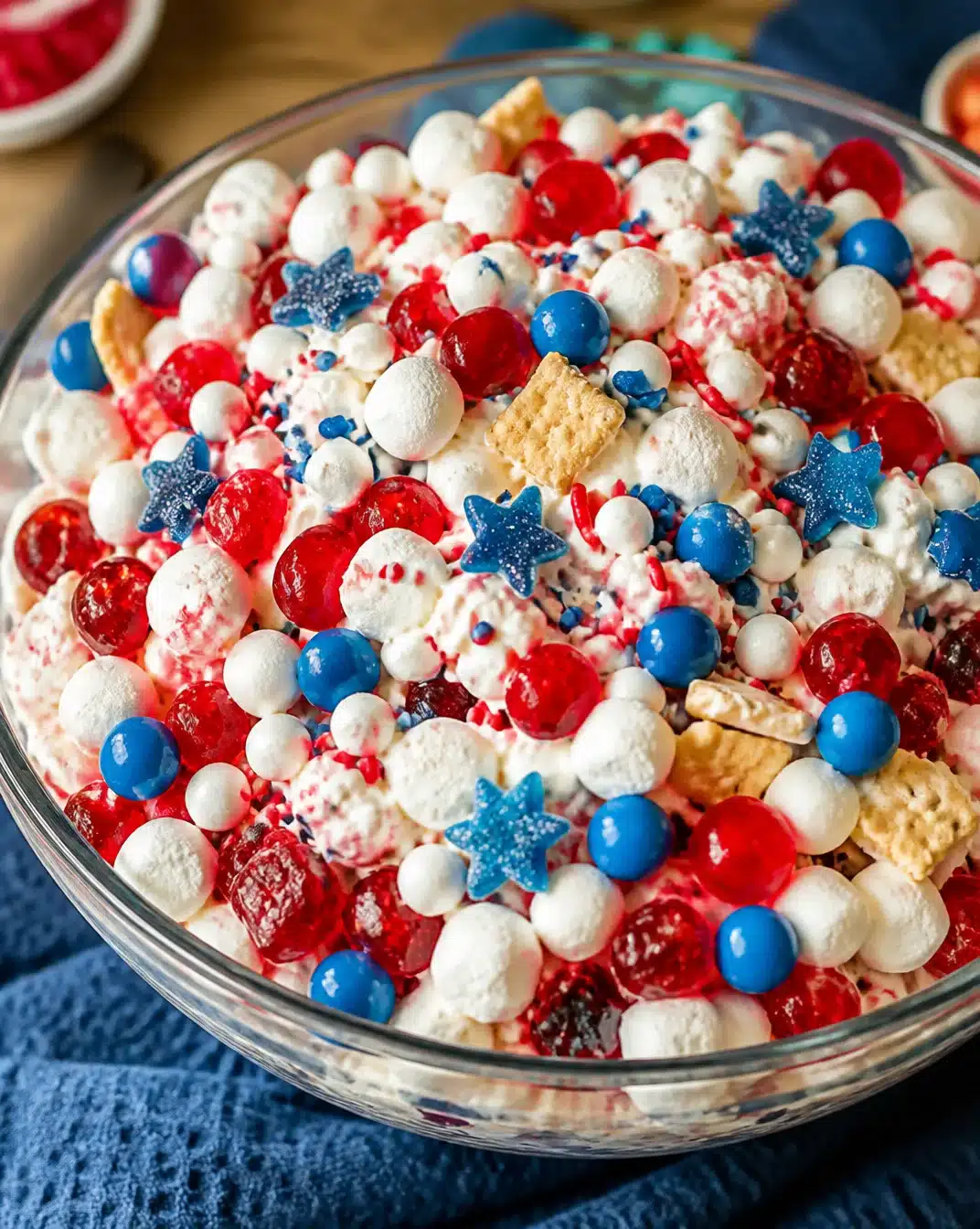 Fourth of July Candy Salad 1 Colorful Fourth of July Candy Salad featuring assorted candies and fruits.