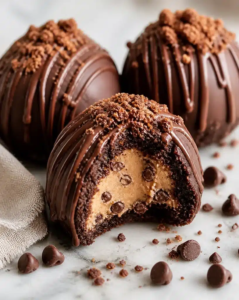 Fudgy brownie bombs with cookie dough filling on a plate