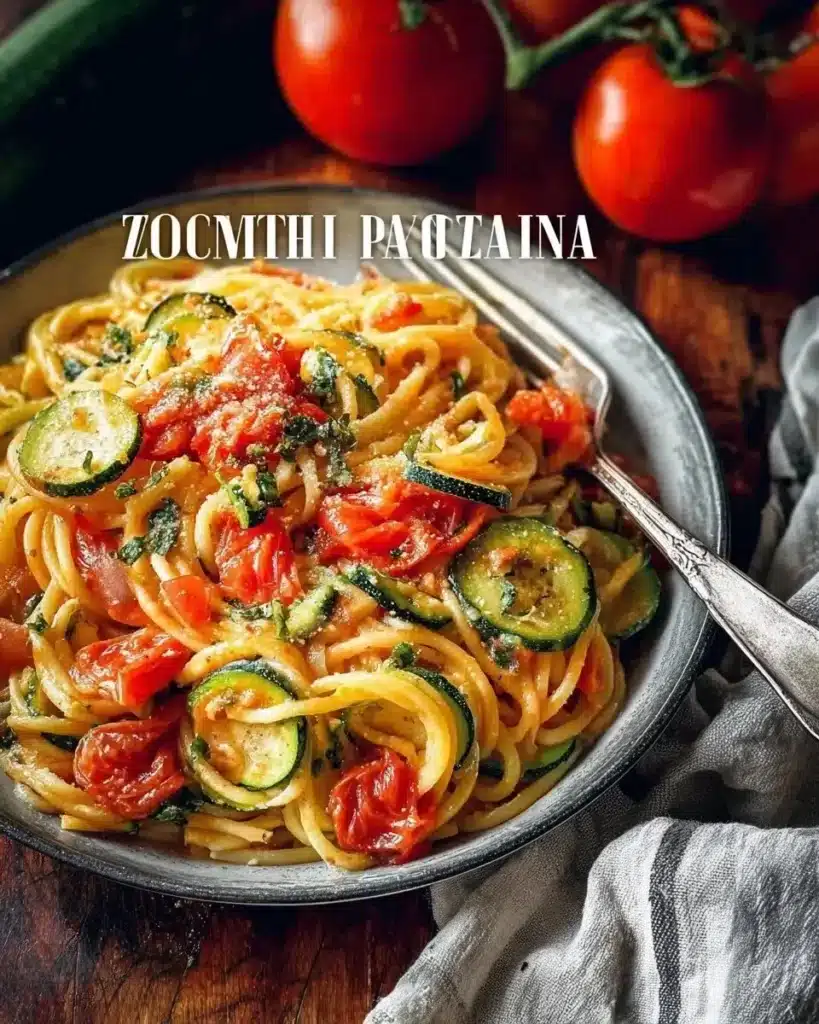 Garden-fresh tomato zucchini pasta served in a bowl with basil garnish