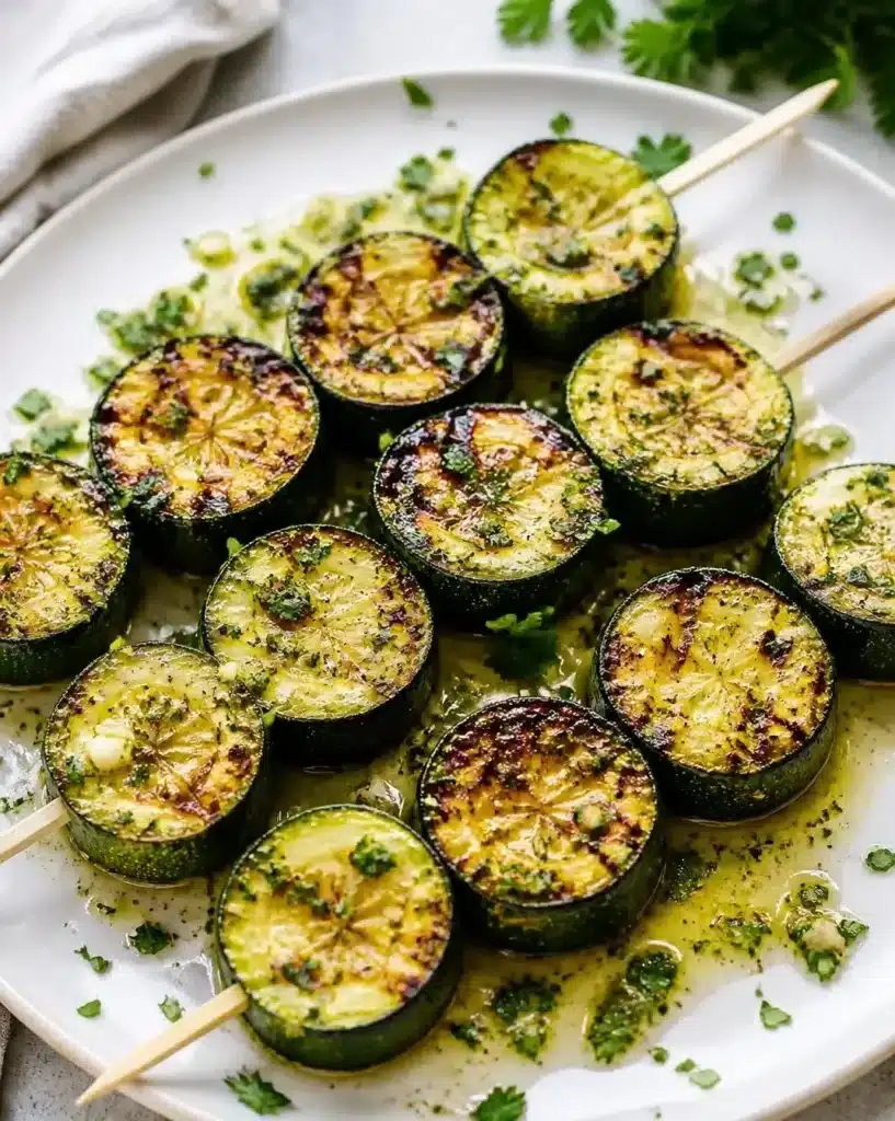 Garlic Butter Zucchini Skewers grilled with delicious garlic herb sauce