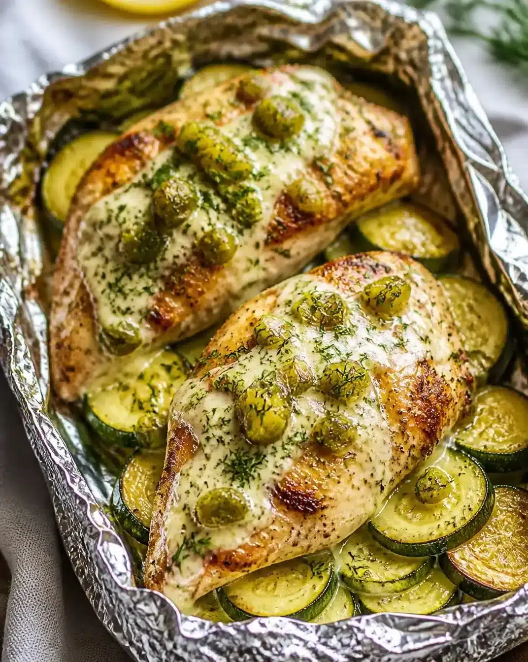 Garlic-Herb Chicken and Zucchini Foil Packets ready for grilling