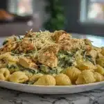 Delicious Garlic-Parmesan Chicken Pasta in a creamy sauce with Parmesan cheese