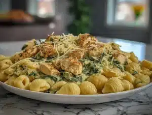 Delicious Garlic-Parmesan Chicken Pasta in a creamy sauce with Parmesan cheese