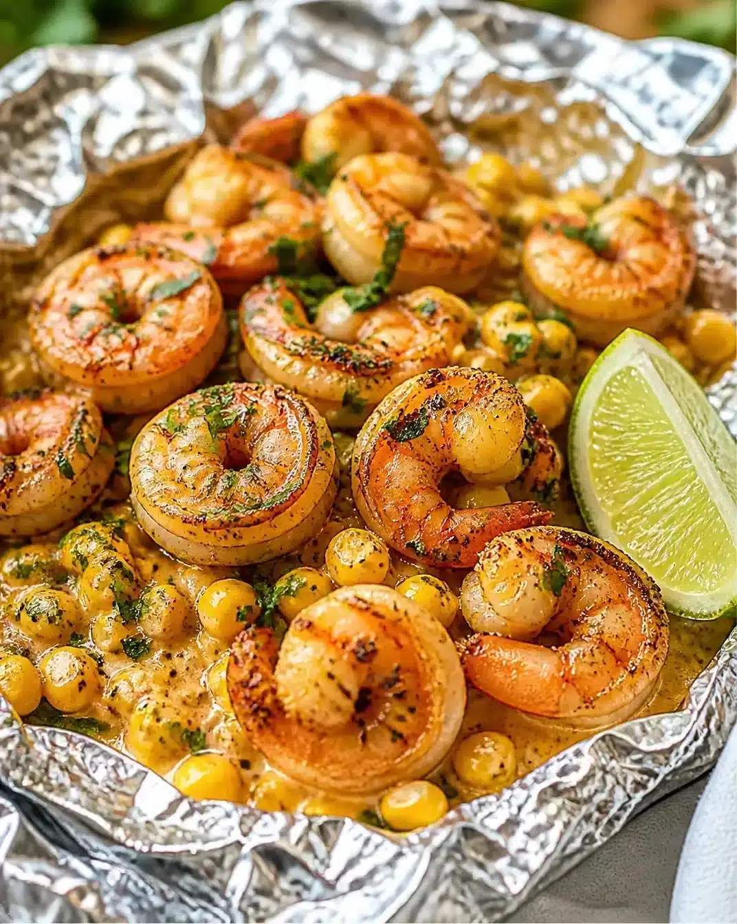 Griddle Street Corn and Shrimp Foil Packets with fresh ingredients on a grill.