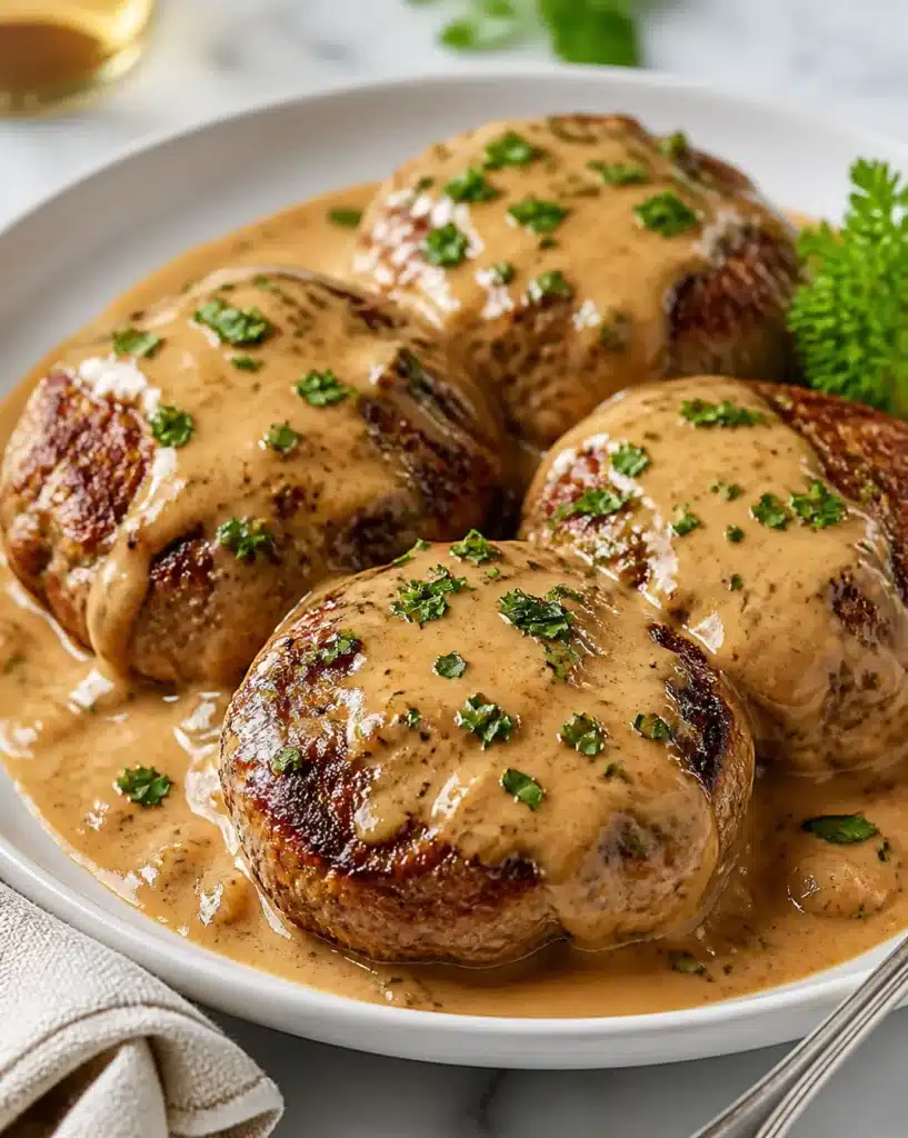 Delicious hamburger steaks in creamy whiskey sauce served on a plate