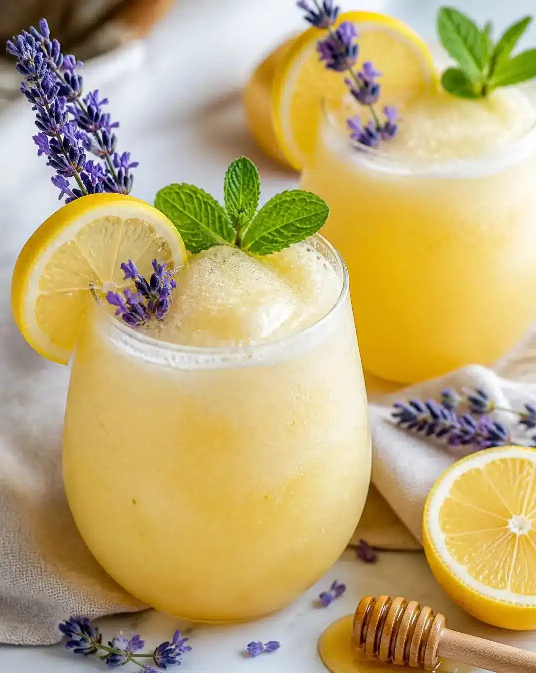Honey Lavender Lemonade Slush 1 Refreshing Honey Lavender Lemonade Slush in a chilled glass with lavender sprig.