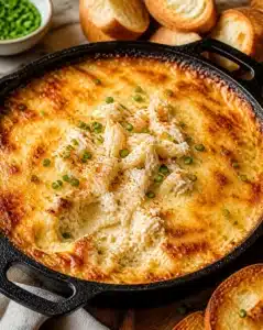 Delicious hot crab dip served in a bowl with bread for dipping