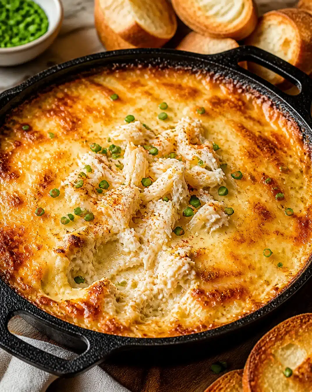 Hot Crab Dip 1 Delicious hot crab dip served in a bowl with bread for dipping