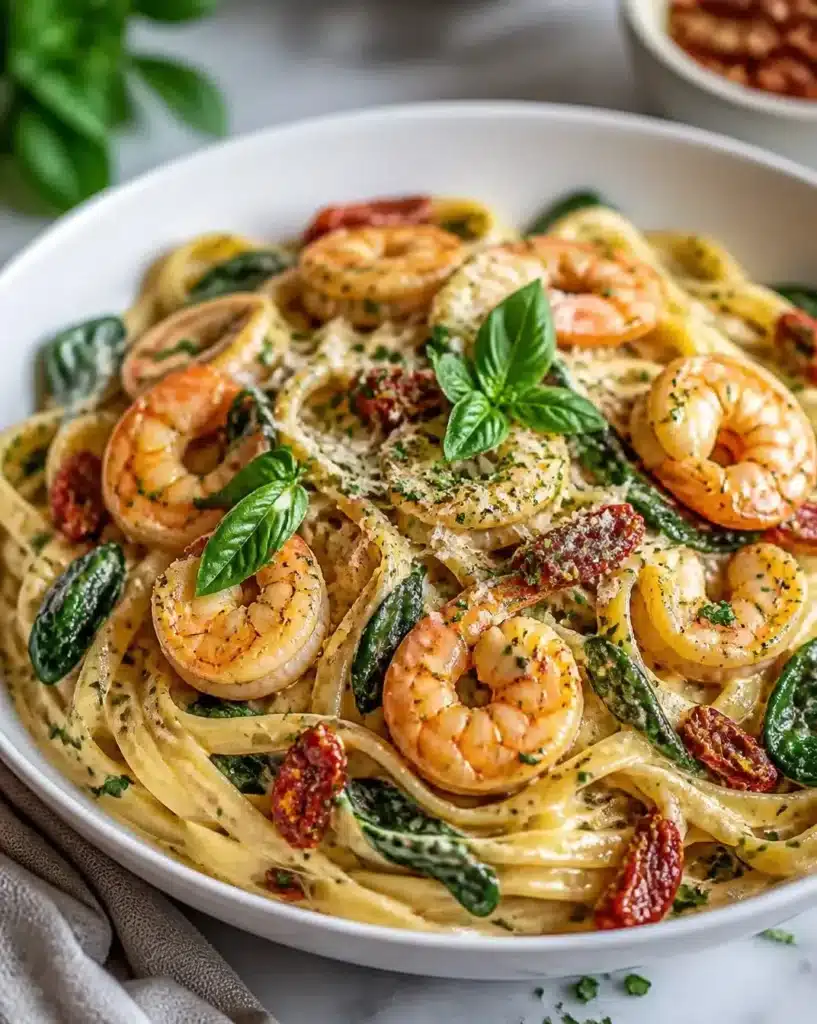 Delicious shrimp pasta dish served with herbs and garlic