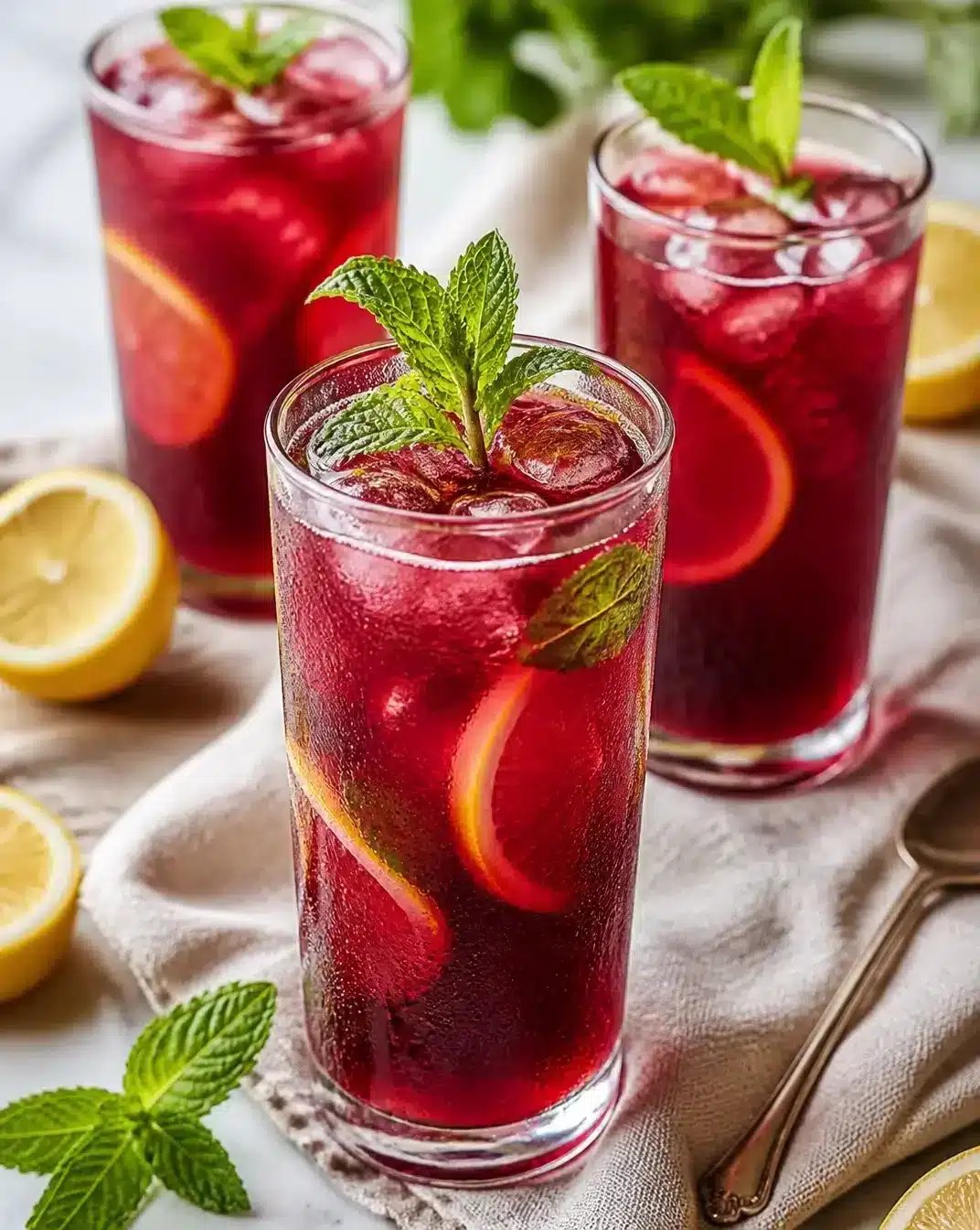 Refreshing glass of iced hibiscus tea served with ice and lemon slices