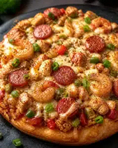 Delicious Jambalaya Pizza topped with shrimp, sausage, and peppers on a crispy crust.