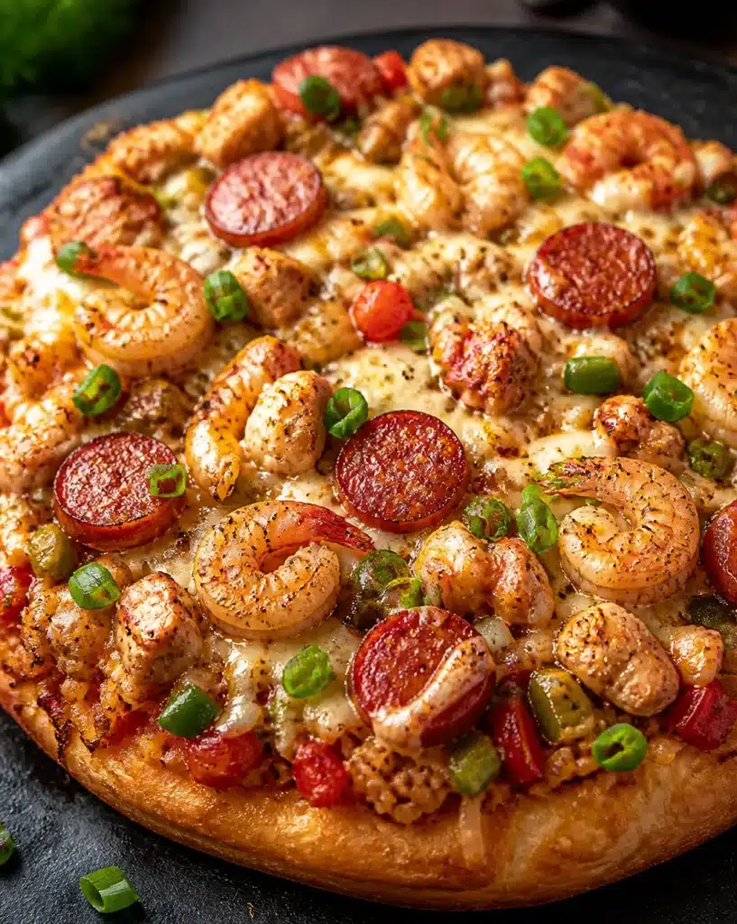 Delicious Jambalaya Pizza topped with shrimp, sausage, and peppers on a crispy crust.