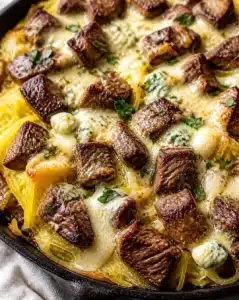 Keto Steak topped with Gorgonzola Alfredo sauce and served with squash.