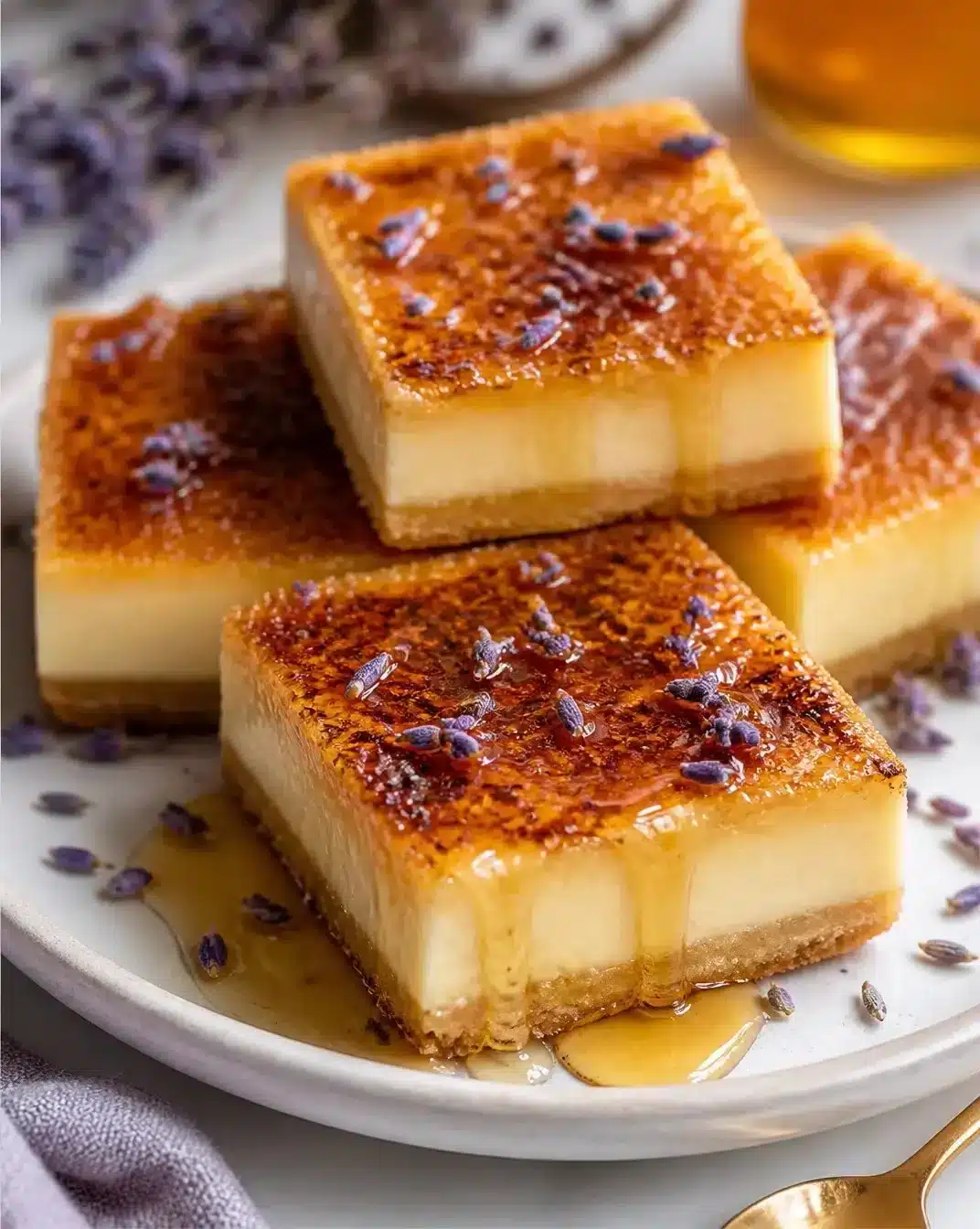 Lavender Honey Crème Brûlée Bars with caramelized sugar topping