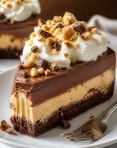 Layered chocolate peanut butter dessert with creamy layers and toppings.