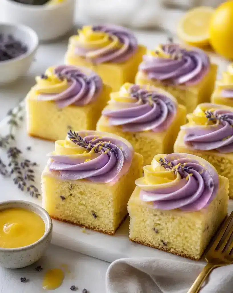Sliced lemon curd and lavender sheet cake on a rustic table