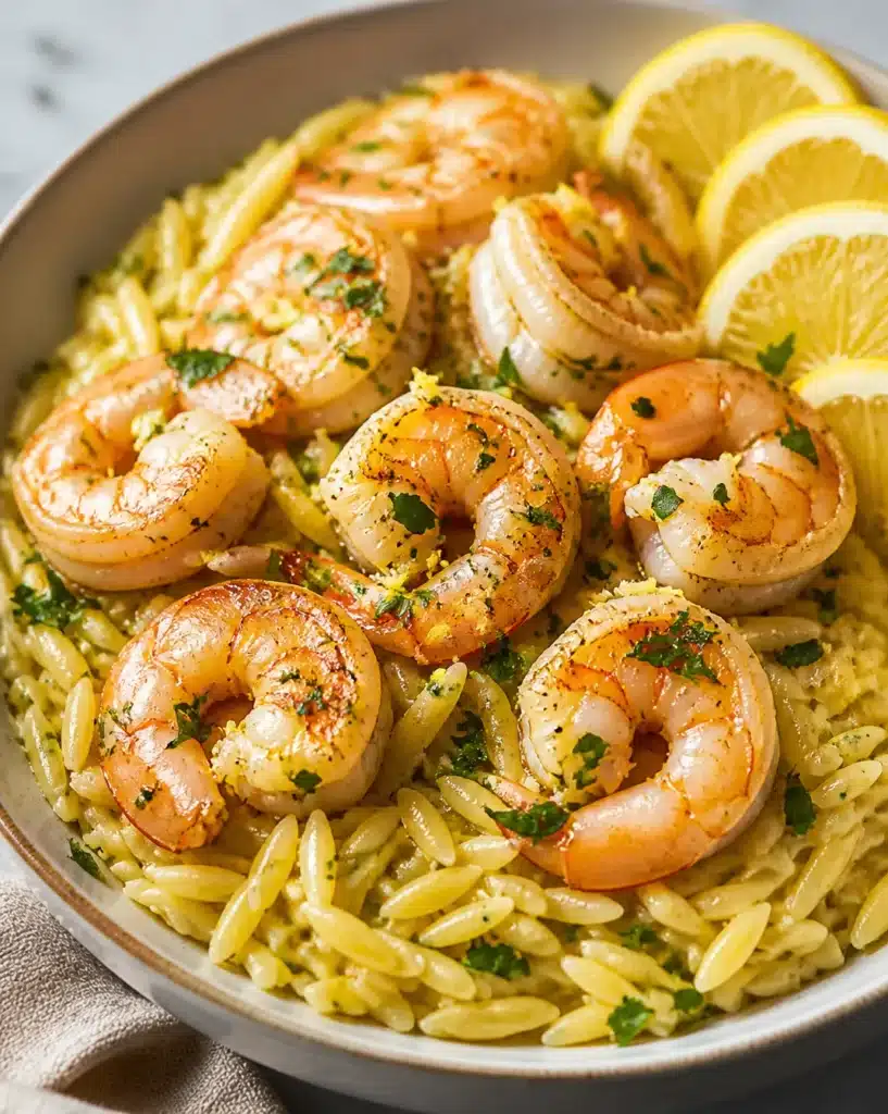 Plate of Lemon-Garlic Shrimp with Orzo garnished with fresh herbs