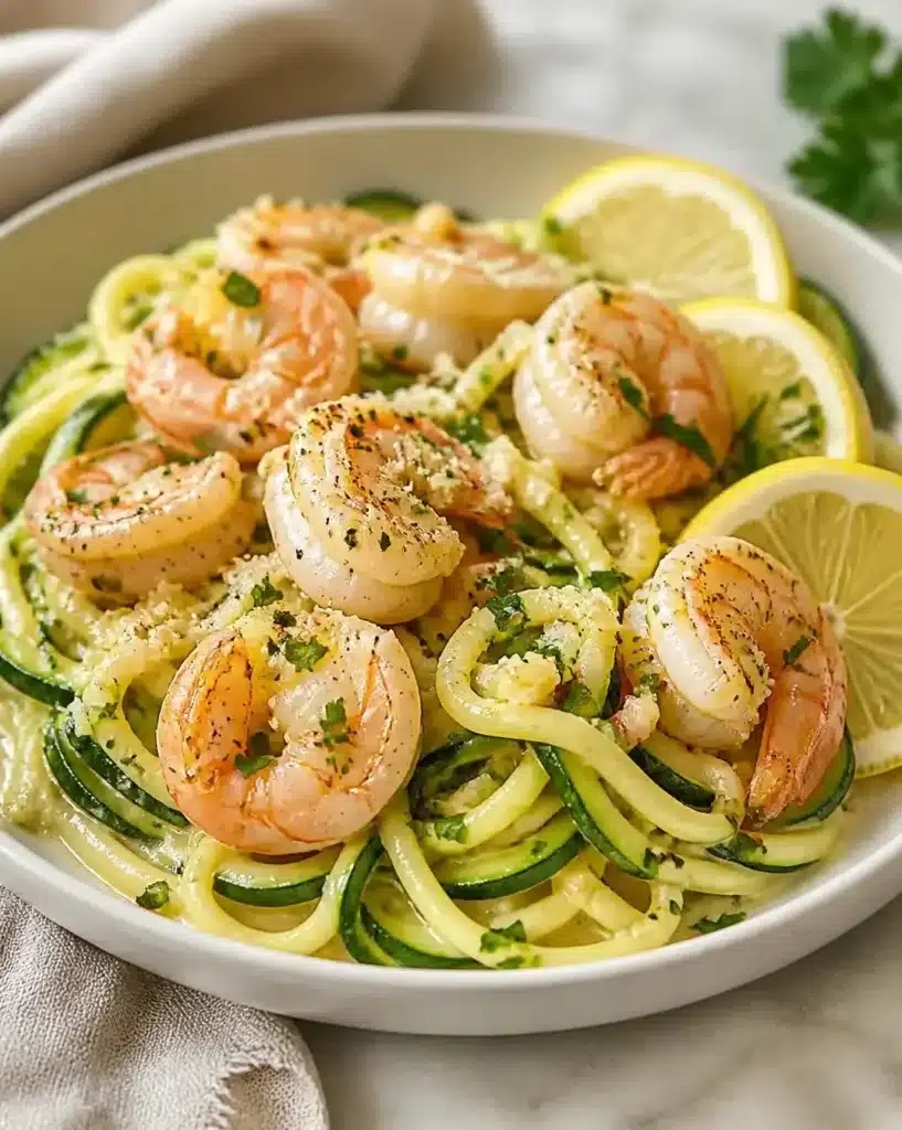 Lemon Garlic Shrimp served over Zucchini Pasta, garnished with herbs.