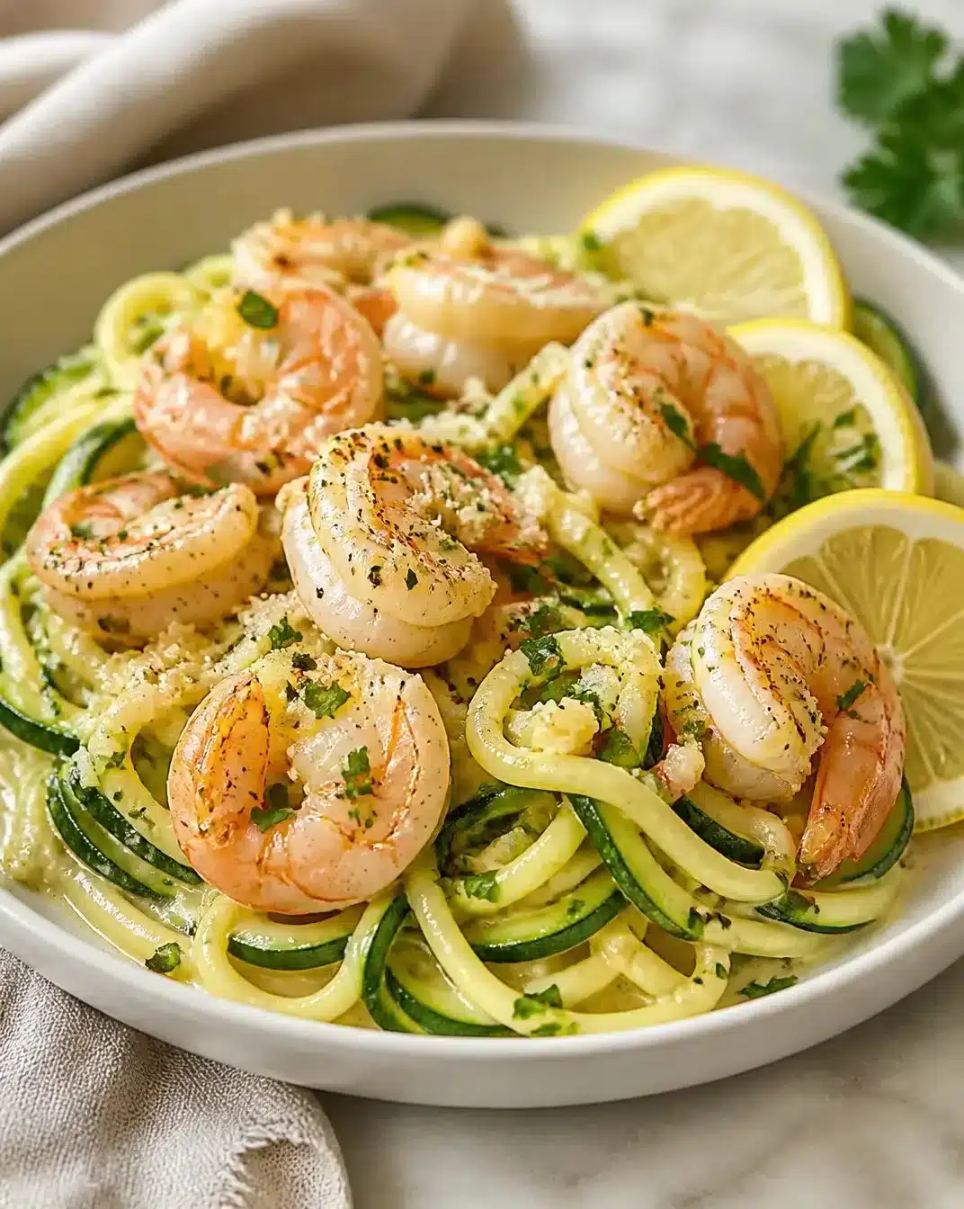 Lemon Garlic Shrimp with Zucchini Pasta 1 Lemon Garlic Shrimp served over Zucchini Pasta, garnished with herbs.