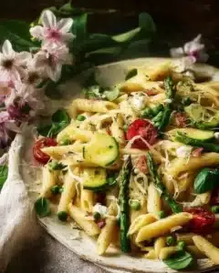 Lemon-infused spring pasta with asparagus in a bowl