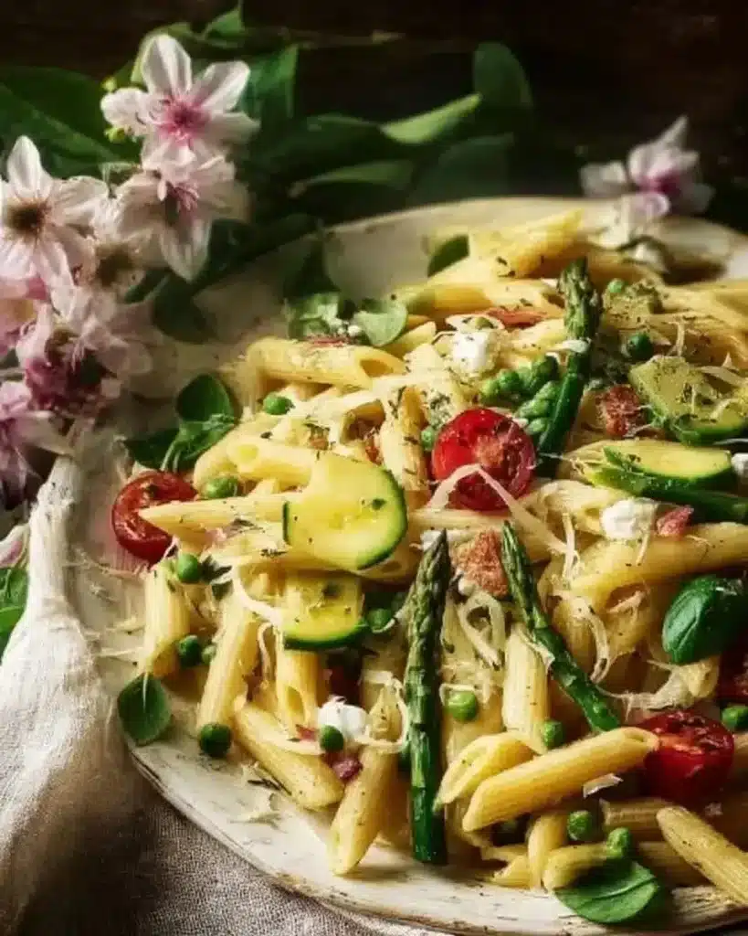 Lemon-infused spring pasta with asparagus in a bowl