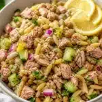 Lemon-Tuna Lentil Orzo Salad with Zest served in a bowl