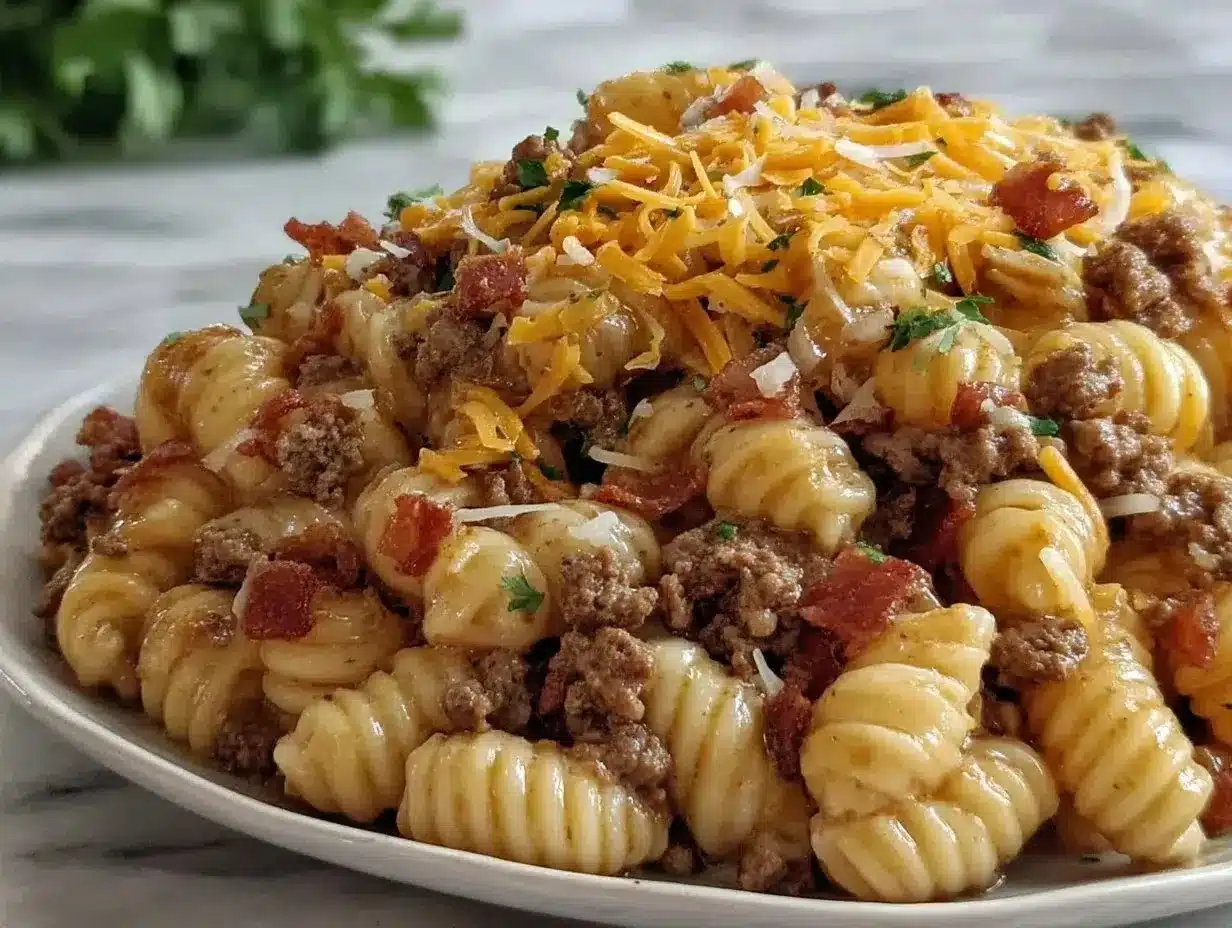 Loaded Beef Bacon Cheeseburger Pasta: A Dish You'll Crave Again 1 Loaded Beef Bacon Cheeseburger Pasta served in a bowl with bacon and cheese