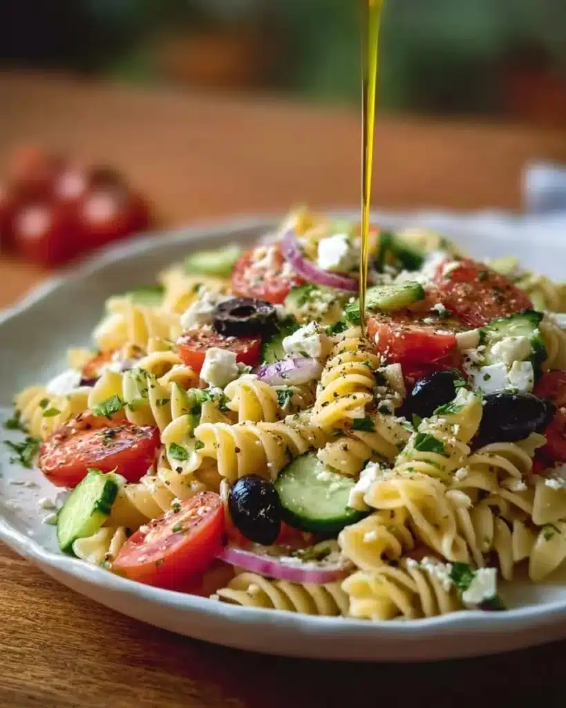 Delicious Mediterranean Pasta Salad with fresh vegetables and herbs