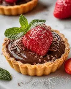 Mini strawberry and chocolate tartlets arranged on a plate