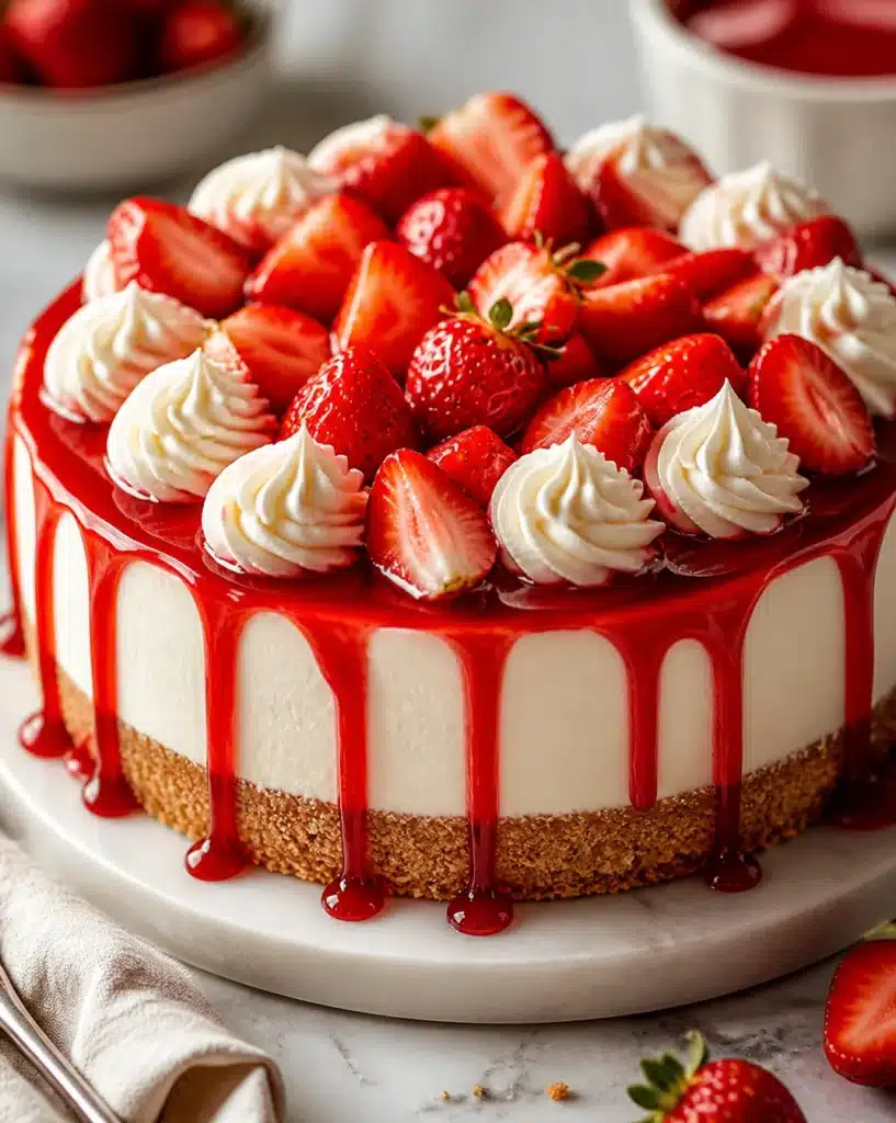 Delicious No-Bake Strawberry Cheesecake with fresh strawberries on top