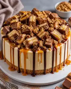 No Bake Twix Cheesecake with chocolate and caramel layers topped with Twix bars