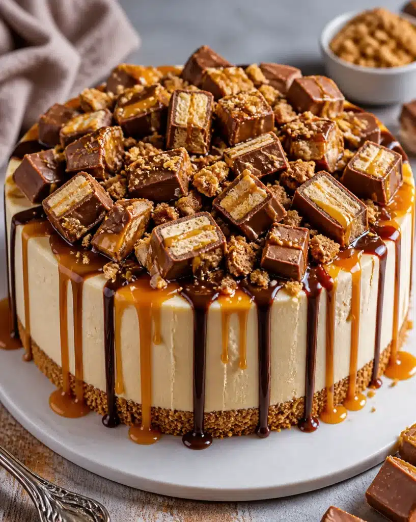 No Bake Twix Cheesecake with chocolate and caramel layers topped with Twix bars