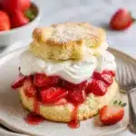 Delicious old-fashioned strawberry shortcake topped with fresh strawberries and cream.