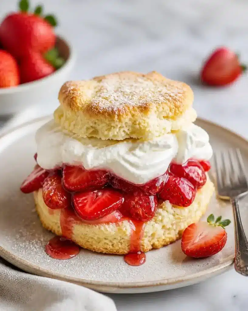 Delicious old-fashioned strawberry shortcake topped with fresh strawberries and cream.