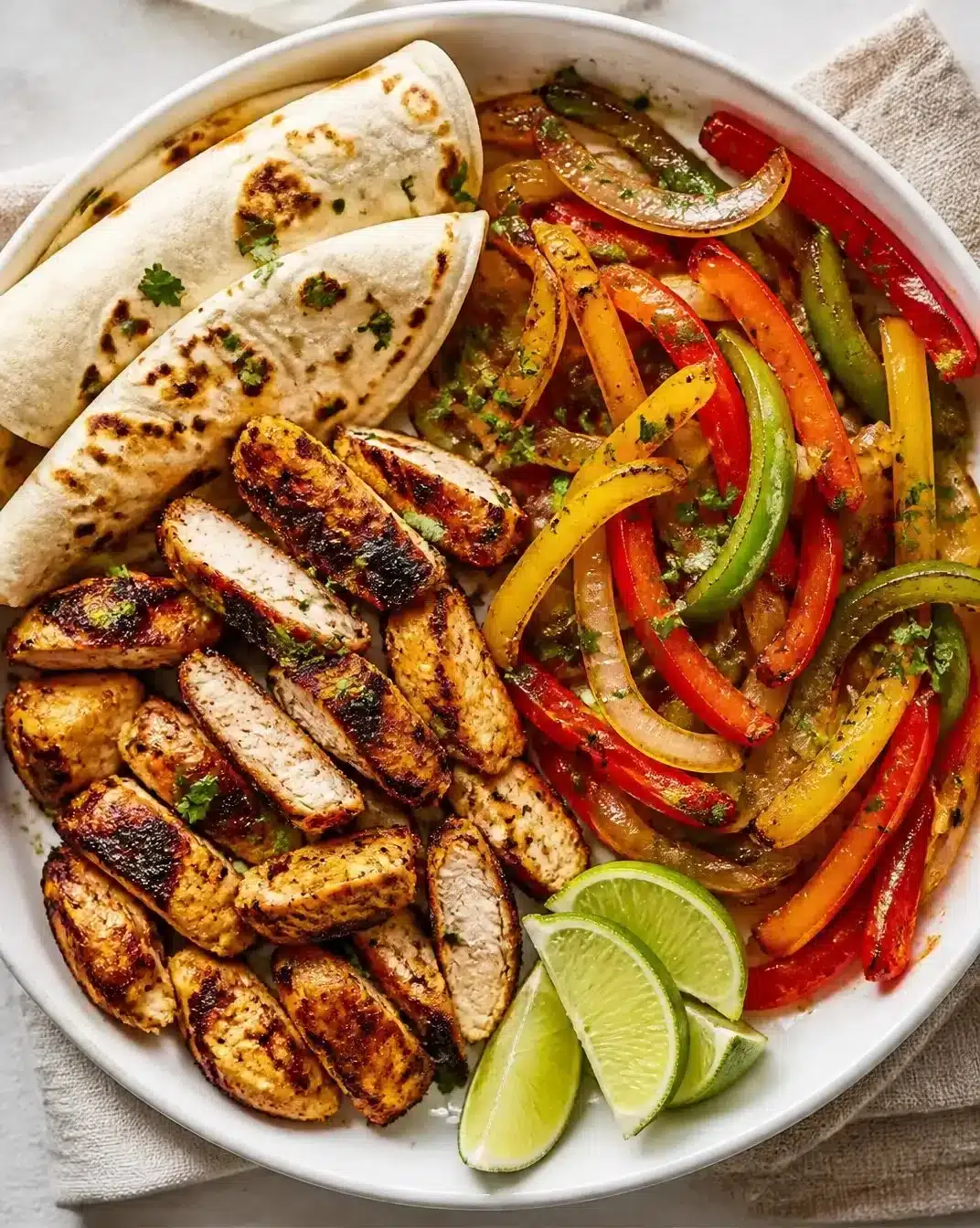 One-Pan Chicken Fajitas with colorful peppers and onions in a skillet