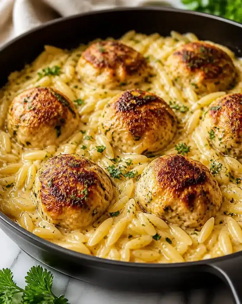 One-Pan Chicken Meatballs served with Orzo in a skillet
