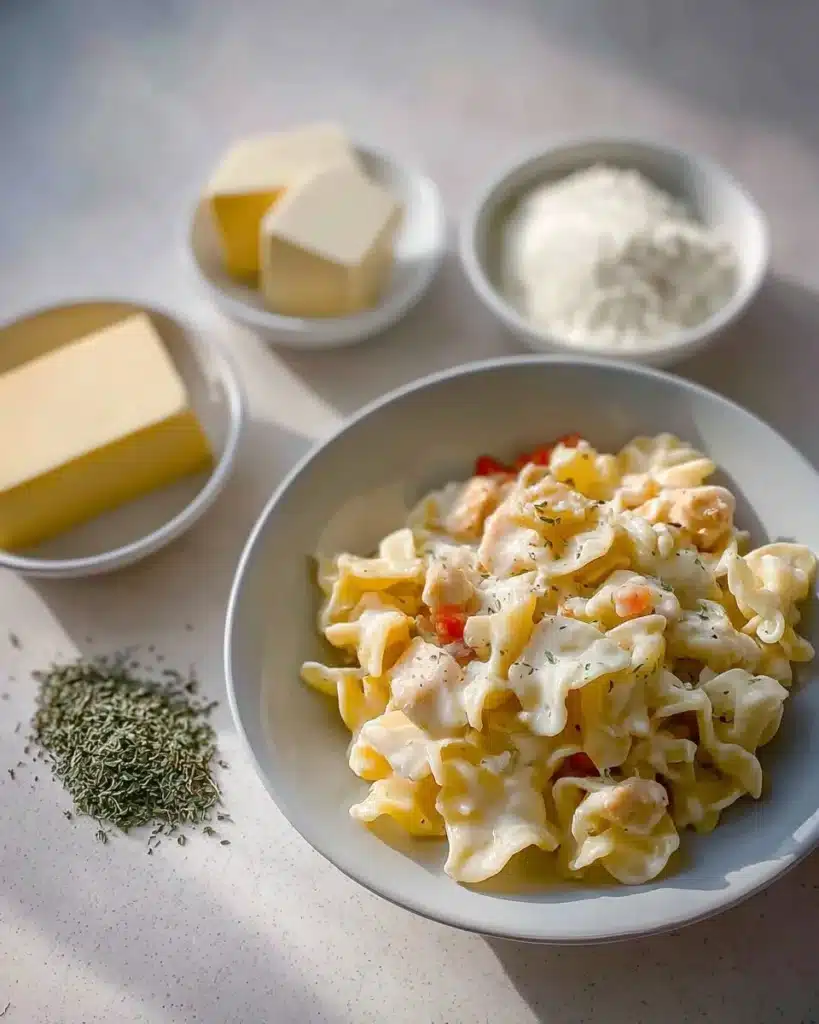 Delicious one-pot chicken pot pie pasta served in a bowl with fresh herbs