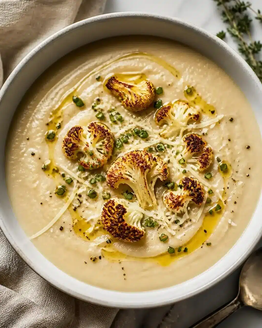 Delicious bowl of oven-roasted cauliflower soup garnished with herbs