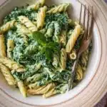 Pasta served in a creamy spinach sauce garnished with fresh herbs