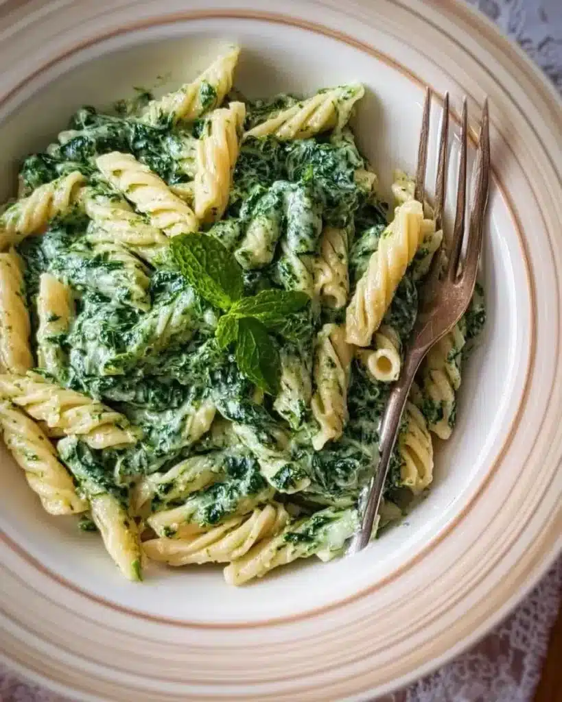 Pasta served in a creamy spinach sauce garnished with fresh herbs