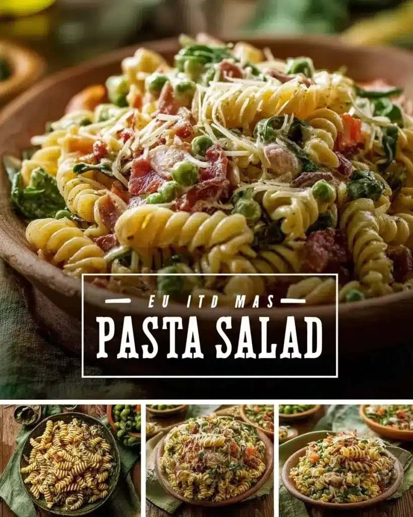 Colorful pasta salad with vegetables and dressing served in a bowl.