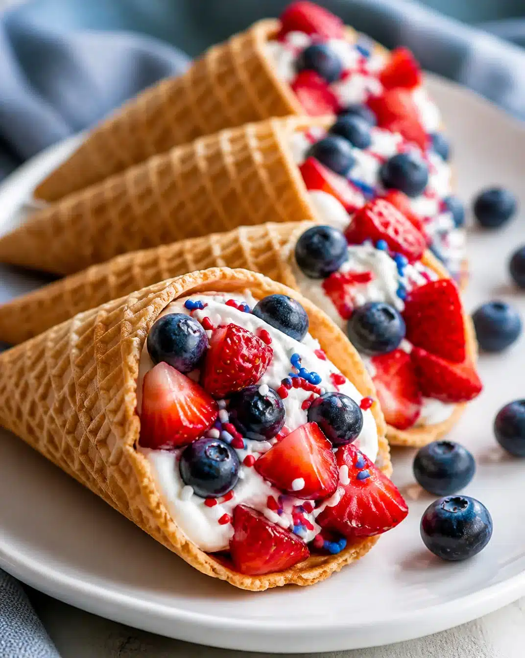 Patriotic Fruit Cones 1 Colorful patriotic fruit cones filled with fresh berries and fruits.