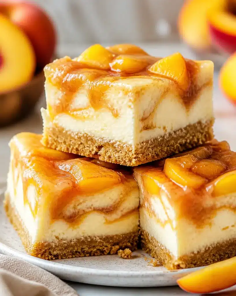 Delicious Peach Cobbler Swirl Cheesecake Bars with fresh peaches and creamy filling