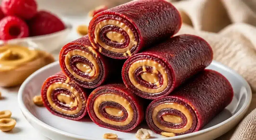 Peanut butter rolls wrapped in colorful fruit leather for a healthy snack.