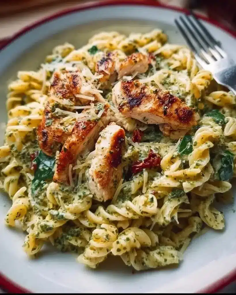 Delicious plate of pesto chicken pasta with fresh basil and grilled chicken
