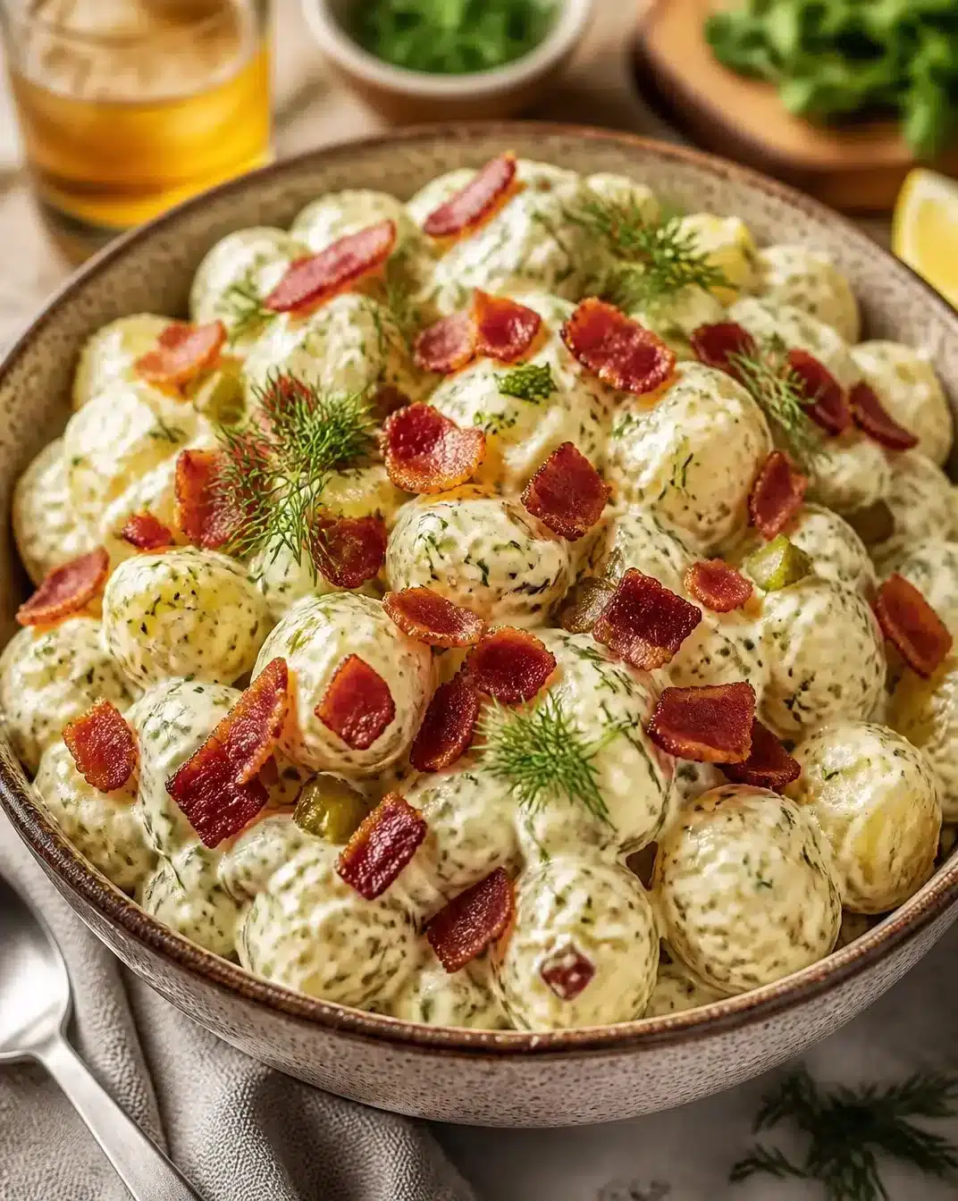 Delicious potato salad with dill and pickles in a bowl