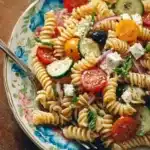 Protein-packed Greek pasta salad with fresh vegetables and feta cheese