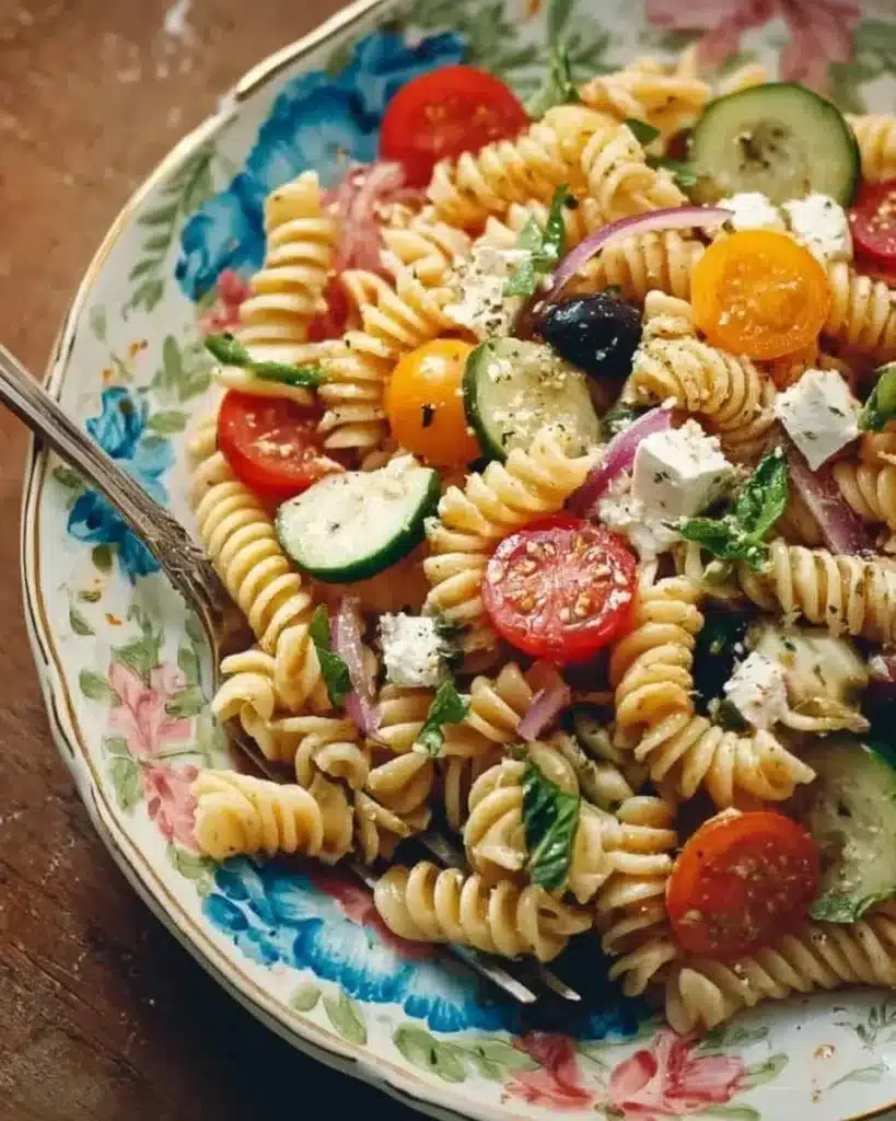 Protein-packed Greek pasta salad with fresh vegetables and feta cheese