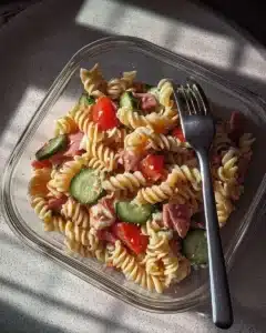 Protein-packed Italian pasta salad with colorful vegetables and dressing